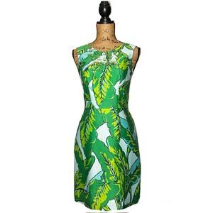 VINEYARD VINES GREEN BLUE LEAF SILK COTTON EMBELLISHED NECKLINE SHEATH DRESS 00